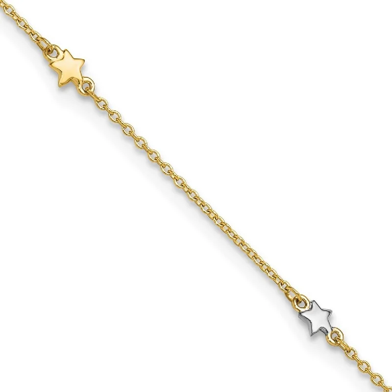 14k Two tone Gold 10+1" Polished 4mm Star Anklet (Spring-ring)