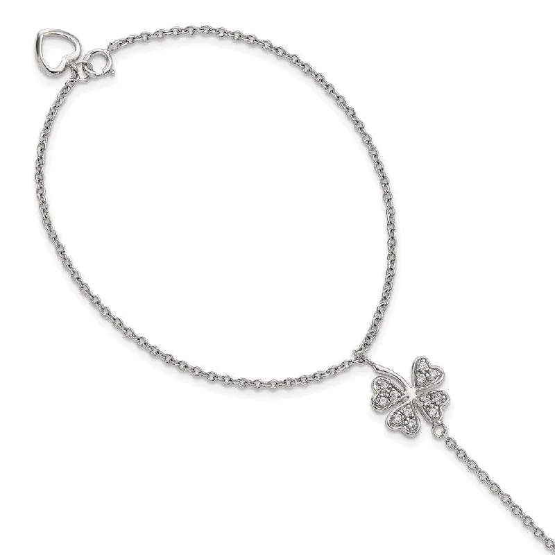 925 Sterling Silver Rhodium-plated Cubic Zirconia Four Leaf Clover Attached Ring/Bracelet, 7"