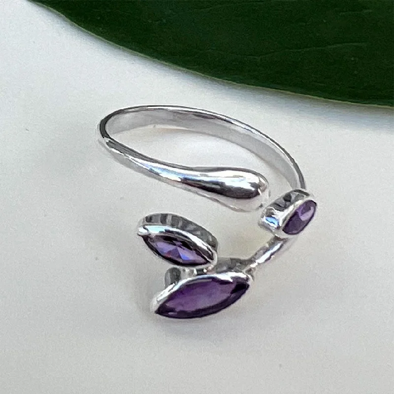 Amethyst Leaf Adjustable Ring- Sterling Silver, Indonesia