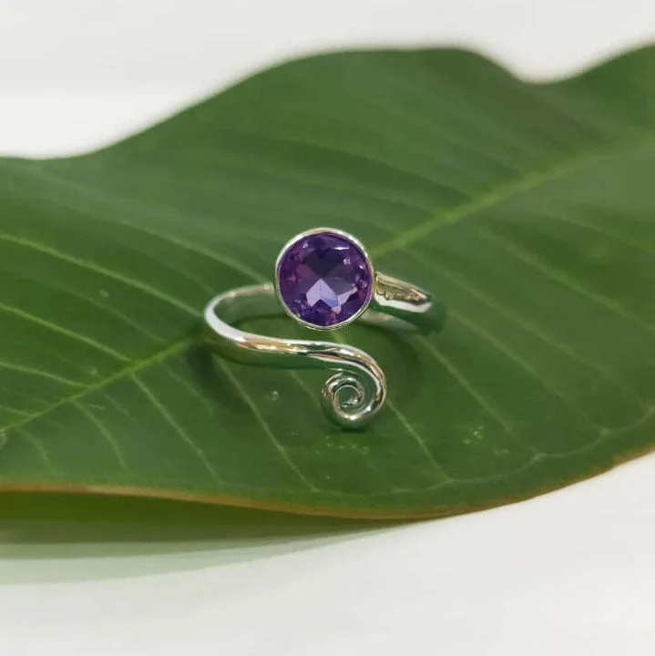 Amethyst Spiral Adjustable Ring- Sterling Silver, Indonesia