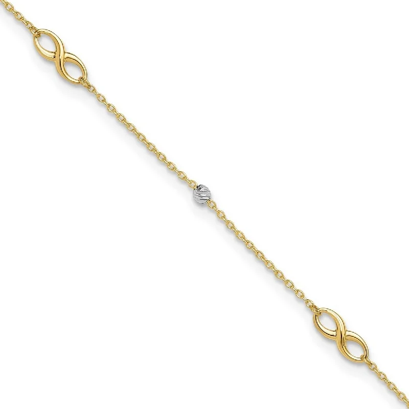 Curata 14k Two tone Gold 10+1" Diamond-cut Bead and Infinity Symbol Station Anklet (Spring-ring)