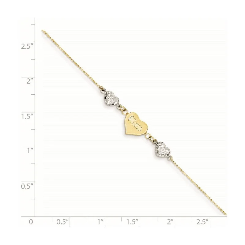 Curata 14k Two Tone Gold 9+1" Diamond-Cut Bead Puffed Heart "Mom" Anklet (Spring-ring)