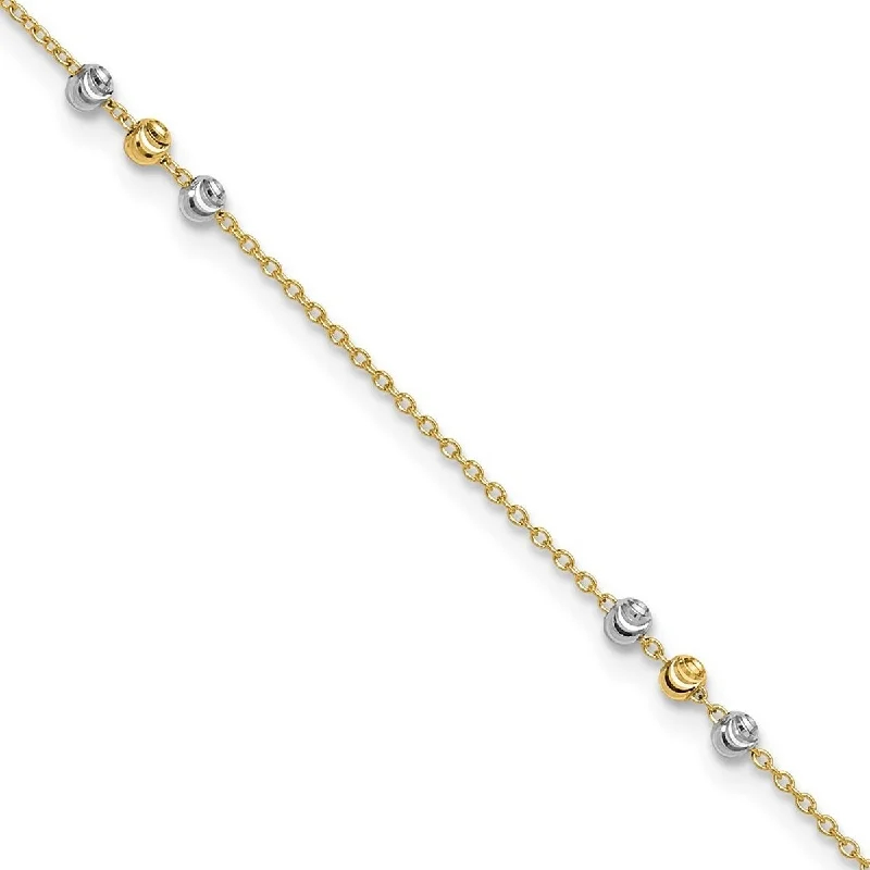 Curata 14k Two tone Gold 9+1" Diamond-cut Triple Bead Station Cable Chain Anklet (Spring-ring)