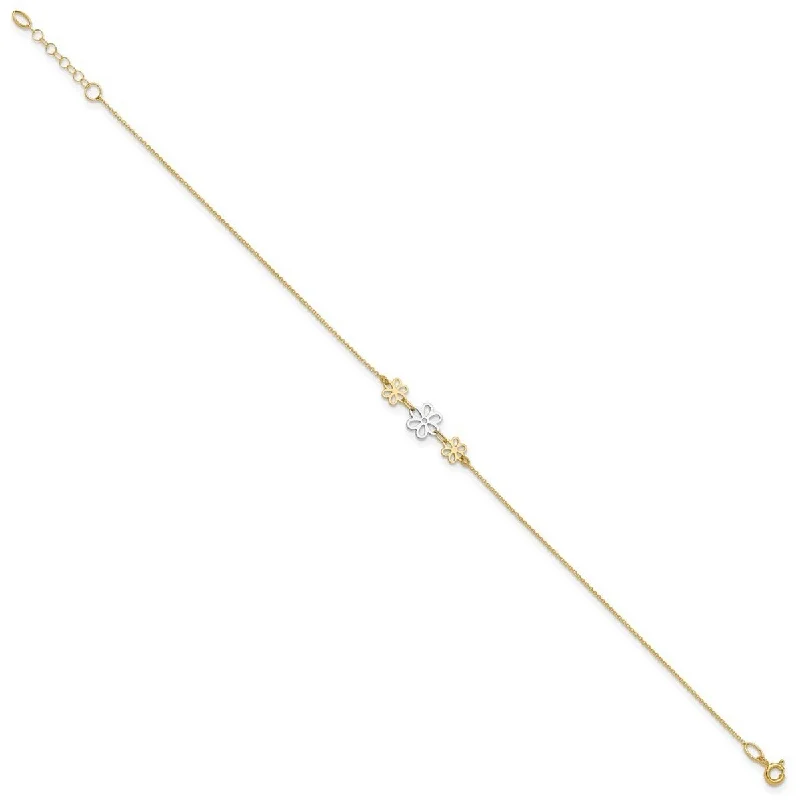 Curata 14k Two tone Gold 9+1" Polished Triple Daisy Flower Cable Chain Anklet (Spring-ring)