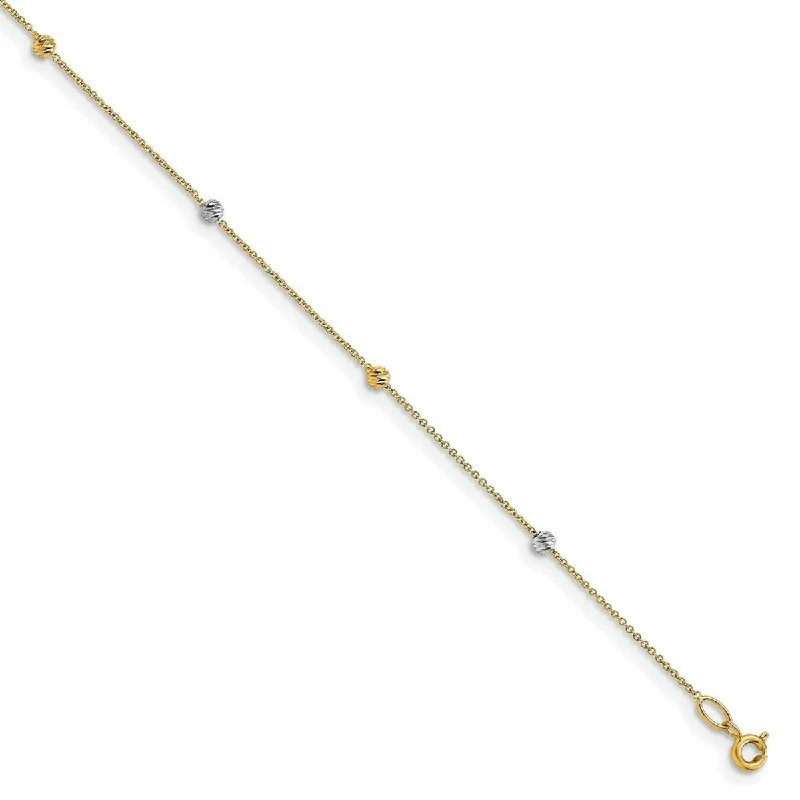 Curata 14k Two tone Gold 9+1" Textured Bead Link Station Anklet (Spring-ring)