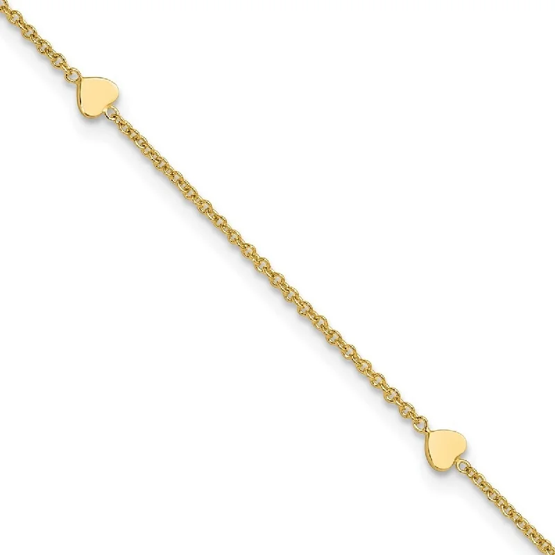 Curata 14k Yellow Gold 10+1" Flat Polished Heart Station Cable Chain Anklet (Spring-ring)