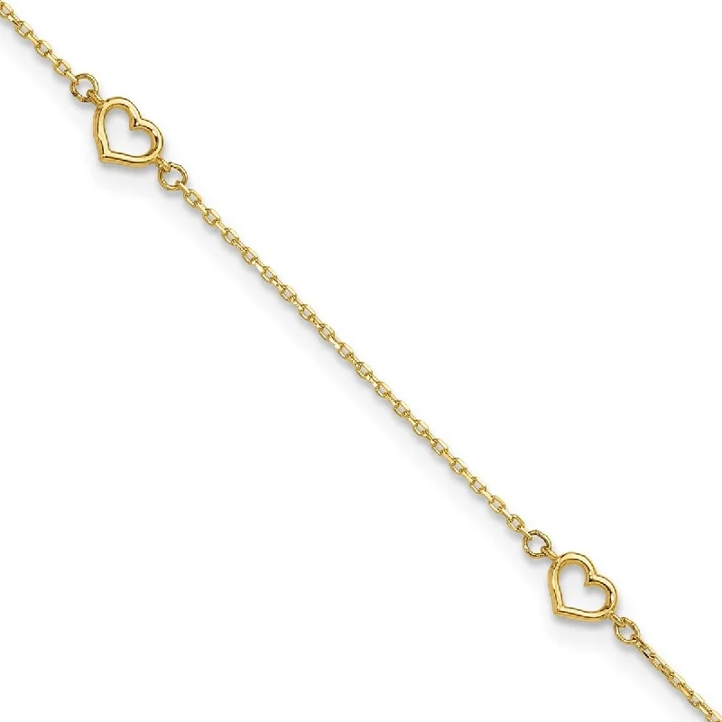 Curata 14k Yellow Gold 10+1" Polished Open Heart Station Rolo Chain Anklet (Spring-ring)