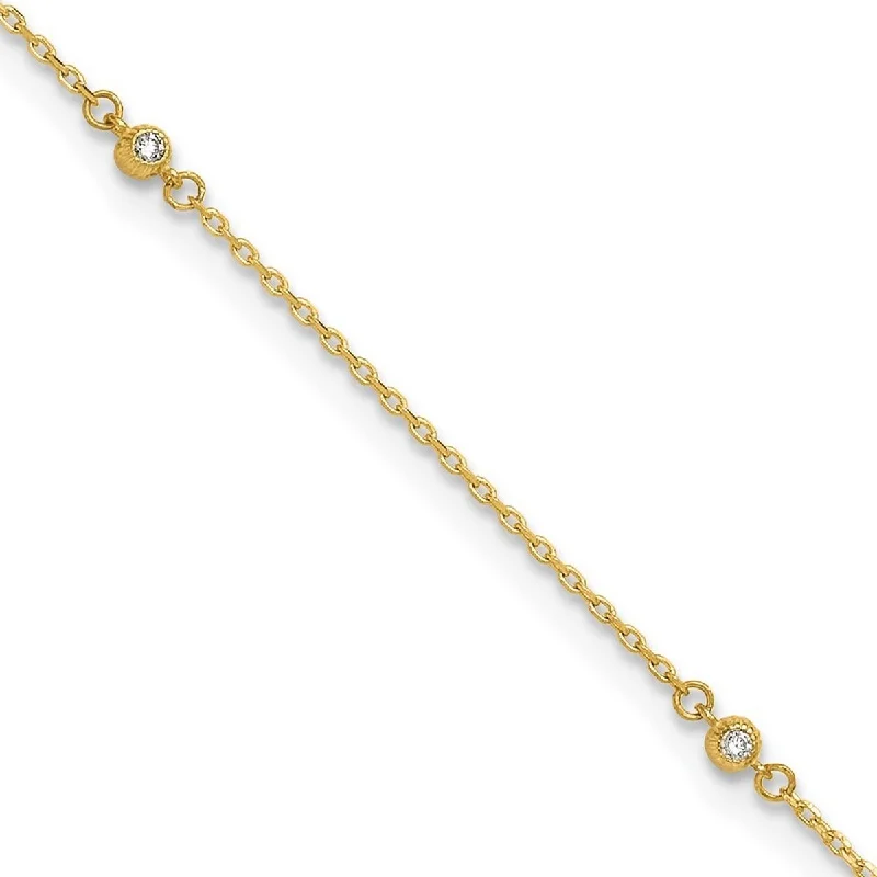 Curata 14k Yellow Gold 9+1" Bezel CZ 5-Station Cable Chain Anklet (Spring-ring)