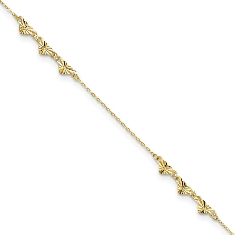 Curata 14k Yellow Gold 9+1" Diamond-cut Triple Heart Station Anklet (Spring-ring)