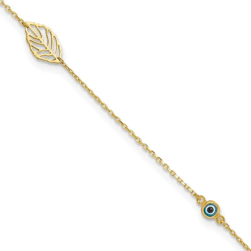 Curata 14k Yellow Gold 9+1" Leaf and Glass Evil Eye Bead Anklet (Spring-ring)