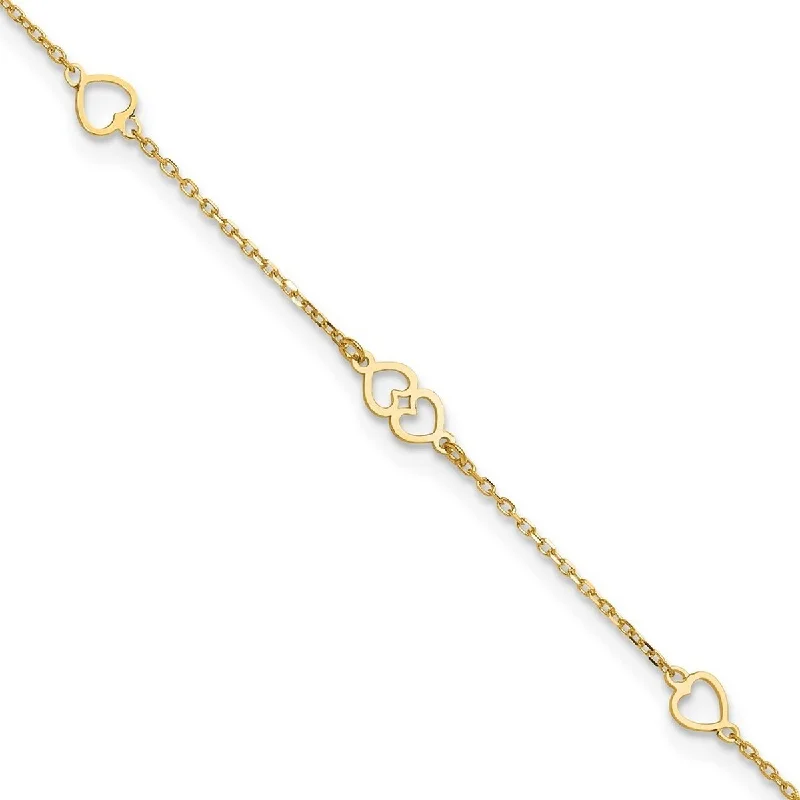 Curata 14k Yellow Gold 9+1" Polished Love Hearts Station Anklets (Spring-ring)