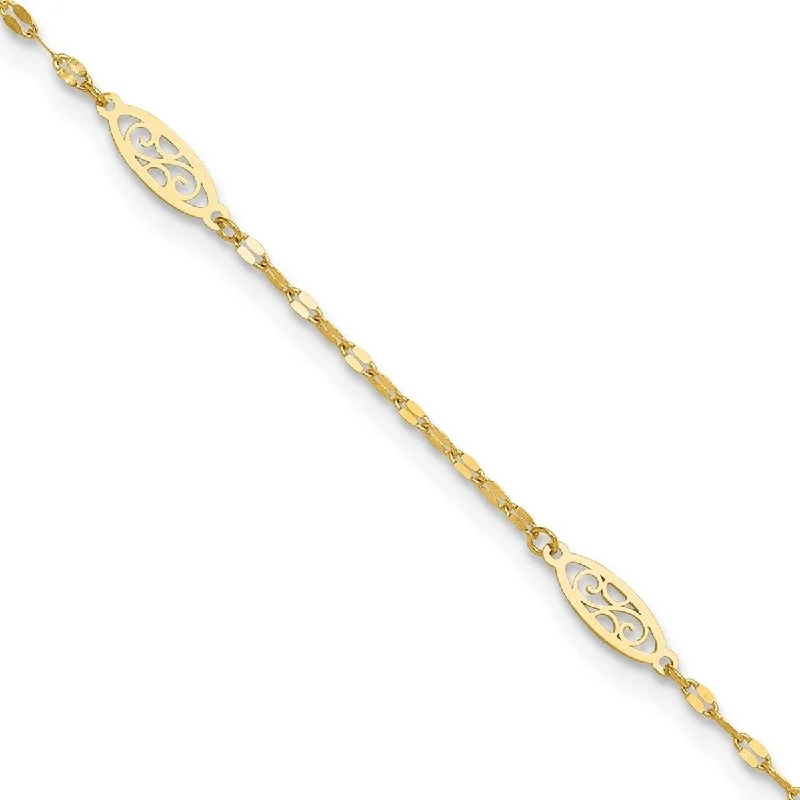 Curata 14k Yellow Gold 9+1" Textured Filigree Medallion Station Valentino Chain Anklet (Spring-ring)