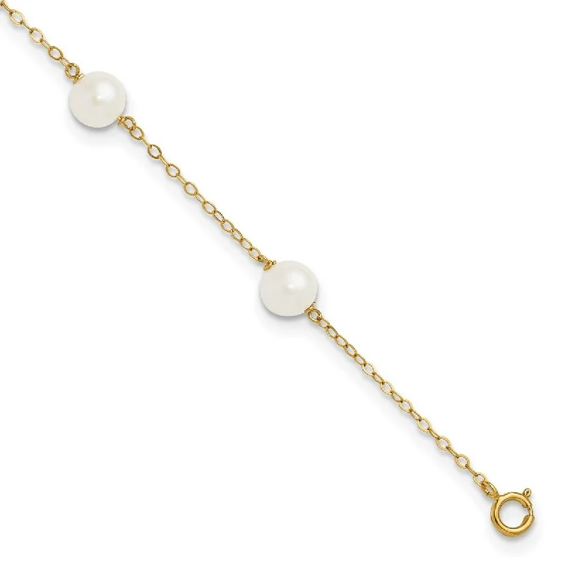 Curata 14k Yellow Gold 9" 6-7mm White Freshwater Cultured Pearl 6 station Anklet (Spring-ring)