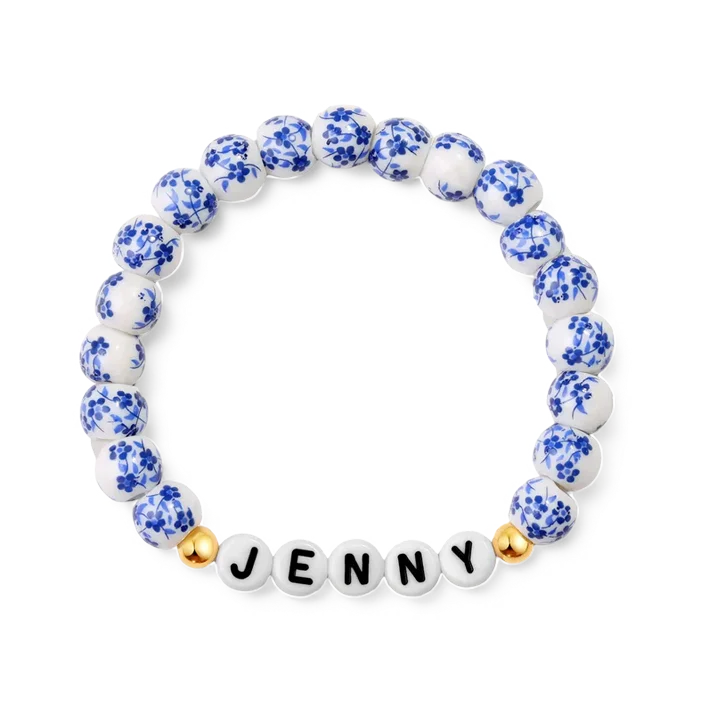 Custom Blue Porcelain Floral Beaded Name Bracelet