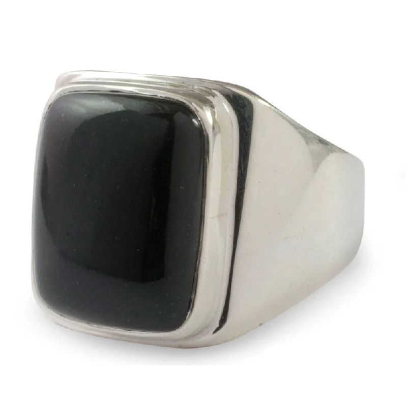 Handmade Art of Life Modern Rectangular Black Jade Gemstone Set in Highly Polished 925 Sterling Silver Mens Ring (Guatemala)