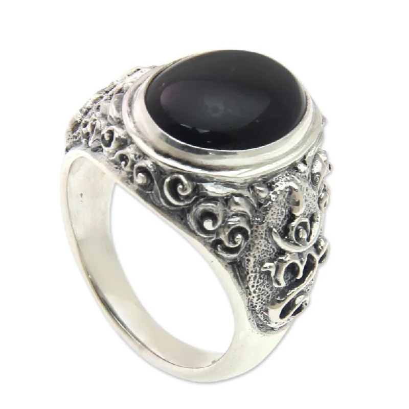 Handmade Men's Sterling Silver 'Black Om Kara' Onyx Ring (Indonesia) - Black