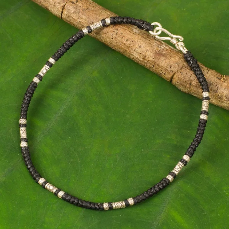 Handmade Silver 'Wandering Black' Anklet (Thailand) - 9.75" L