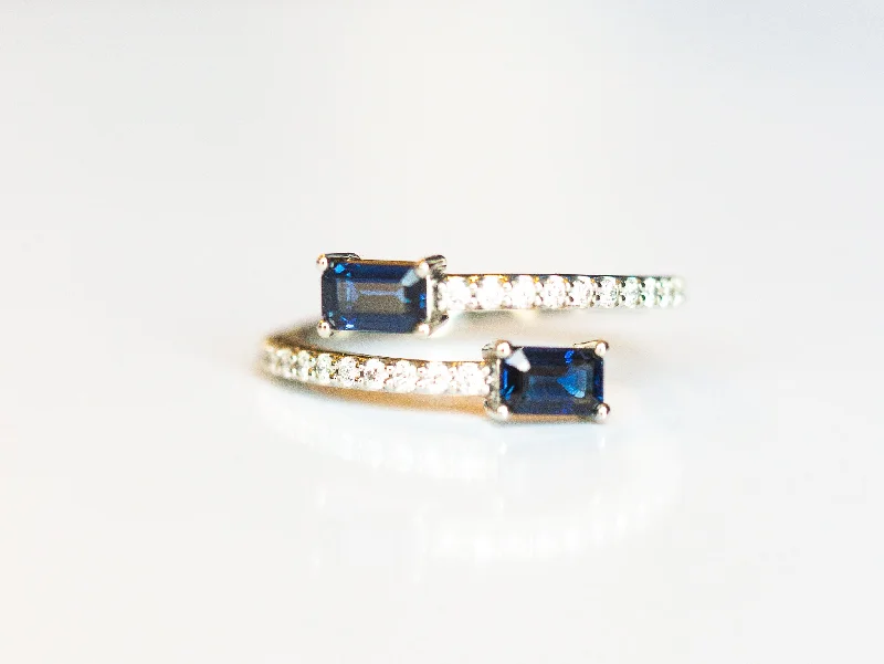 Sapphire and Diamond Two Stone Bypass Ring in 14k White Gold