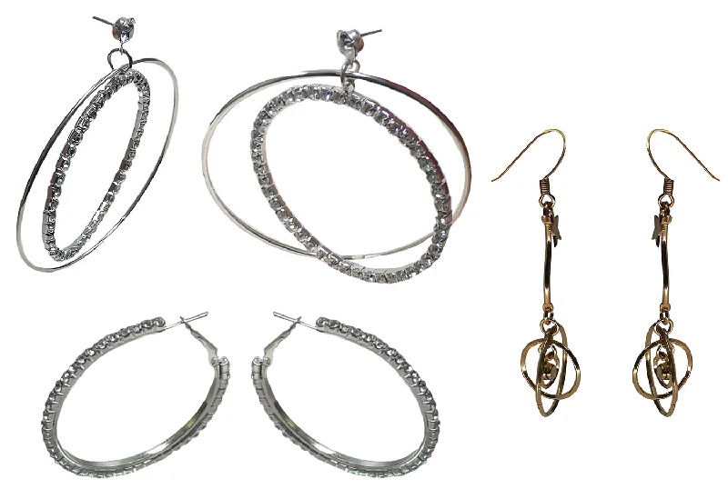 Set of 3 Pairs of Earrings 3 Unique Styles Crystal Double Hoops Mid Size Crystal Hoop 3rd pr Dangle Earrings8131