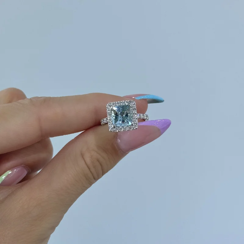 Square Cushion Aquamarine and Diamond Ring