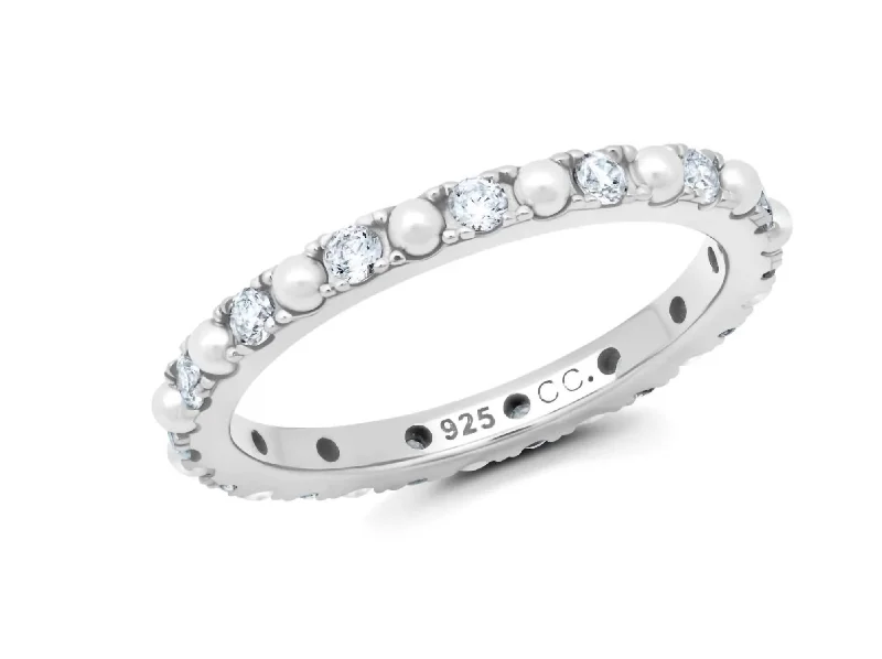 Women's Small Pearl And Round Brilliant Cut Eternity Ring In Platinum