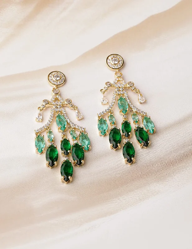 22K Gold-Plated Emerald & Aqua Green AD & Cubic Zirconia Studded Chandelier Earrings