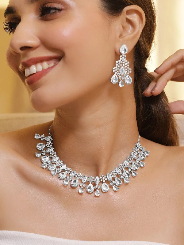 Rhodium-Plated Crystal Cubic Zirconia Studded Necklace Set with Teardrop Earrings