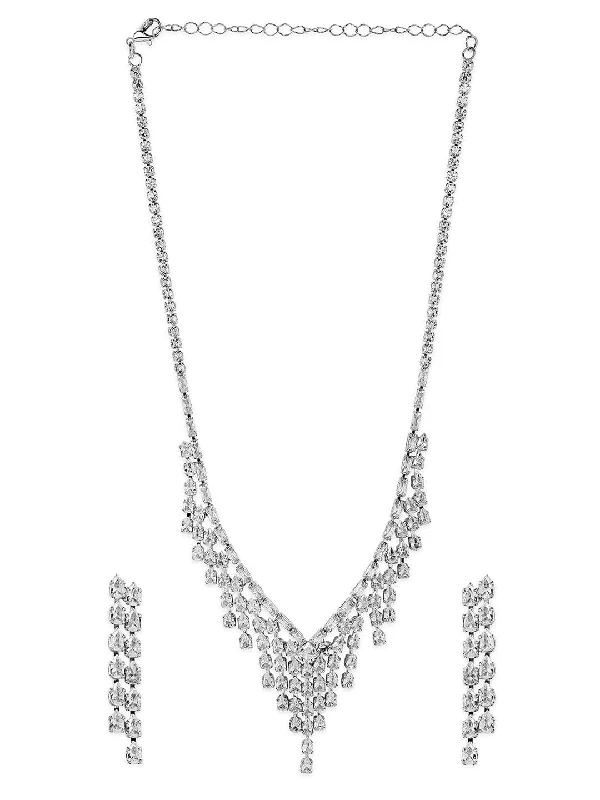 Rhodium Plated Cubic Zirconia Studded Waterfall Necklace and Earrings Set