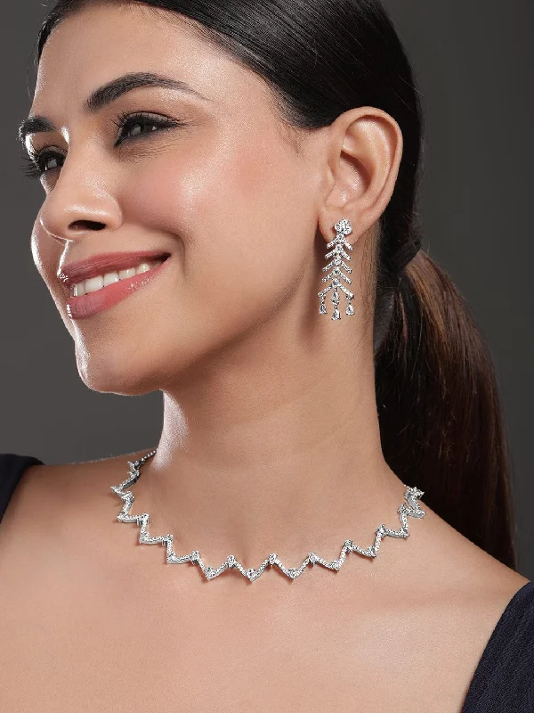 Rubans Rhodium-Plated White Cubic Zirconia Zigzag Design Necklace Set with Drop Earrings