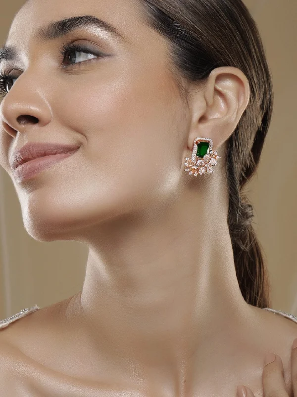 Rubans 18K Rose Gold-Plated Emerald Green & Cubic Zirconia Studded Floral Statement Stud Earrings