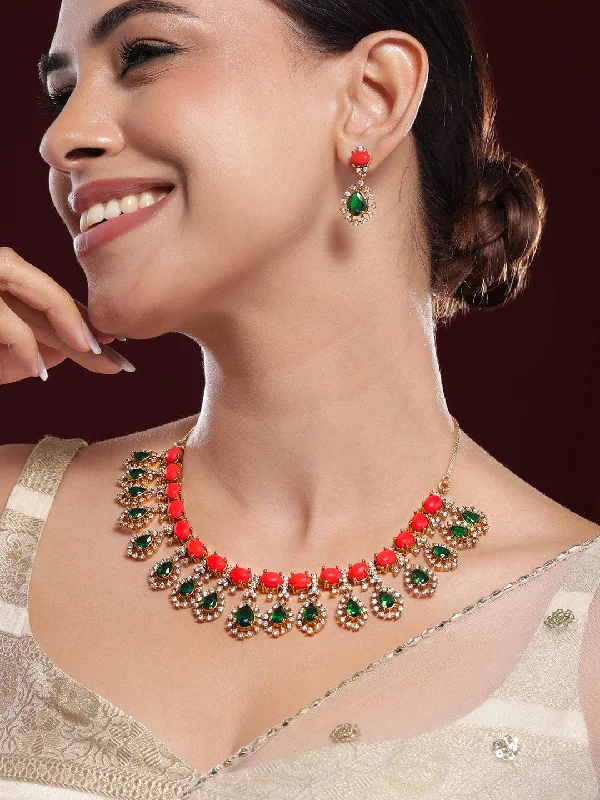 Rubans 22K Gold-Plated Emerald Cubic Zirconia Stone-Studded Necklace and Earrings