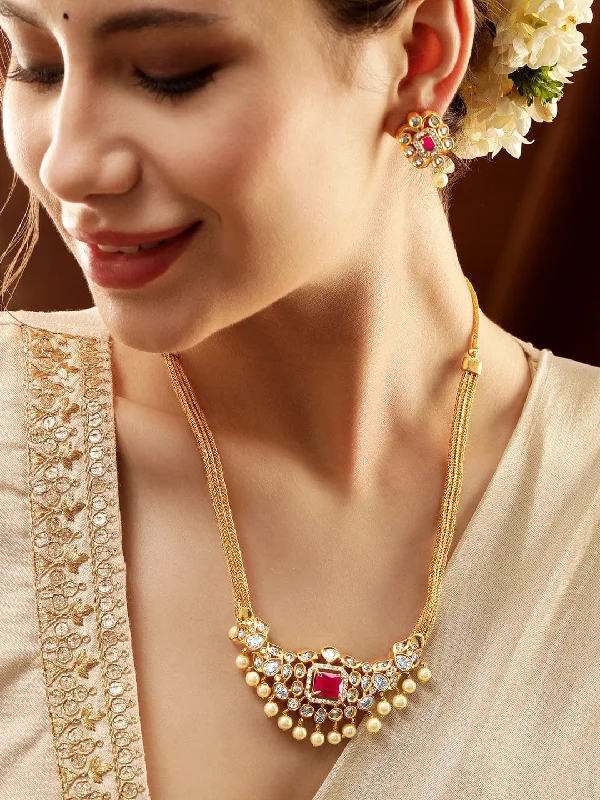 Rubans 22K Gold-Plated Ruby & CZ Studded Necklace & Earrings