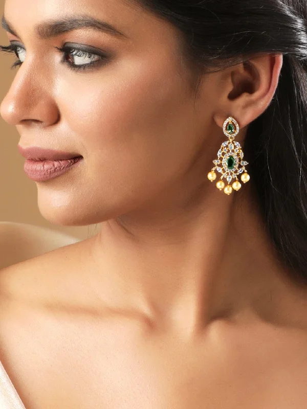 Rubans 22KT Gold-Plated Emerald Green & Cubic Zirconia Studded Chandelie with Pearl Drops