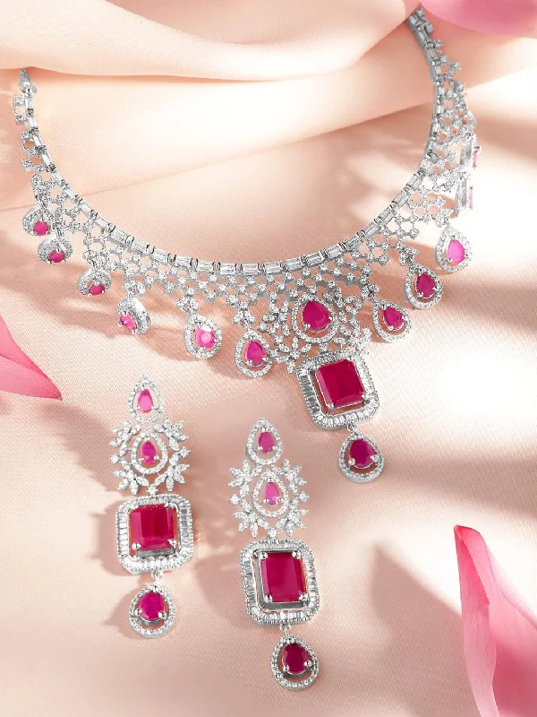 Rubans Rhodium-Plated Ruby Pink & White Cubic Zirconia Luxurious Necklace & Earrings Set