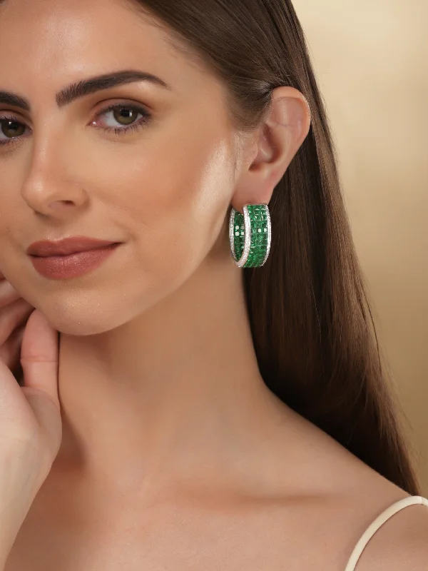 Rubans Rhodium Plated Premium White & Emerald Zircons Hoop Earring