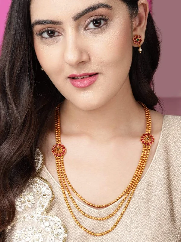 Rubans Traditional Gold Plated Layered Necklace Set With Ruby Stoned Earrings