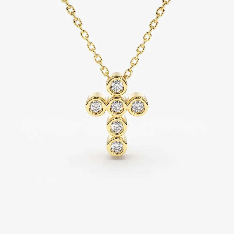 14K Gold 6 Stone Bezel Setting Diamond Cross Necklace