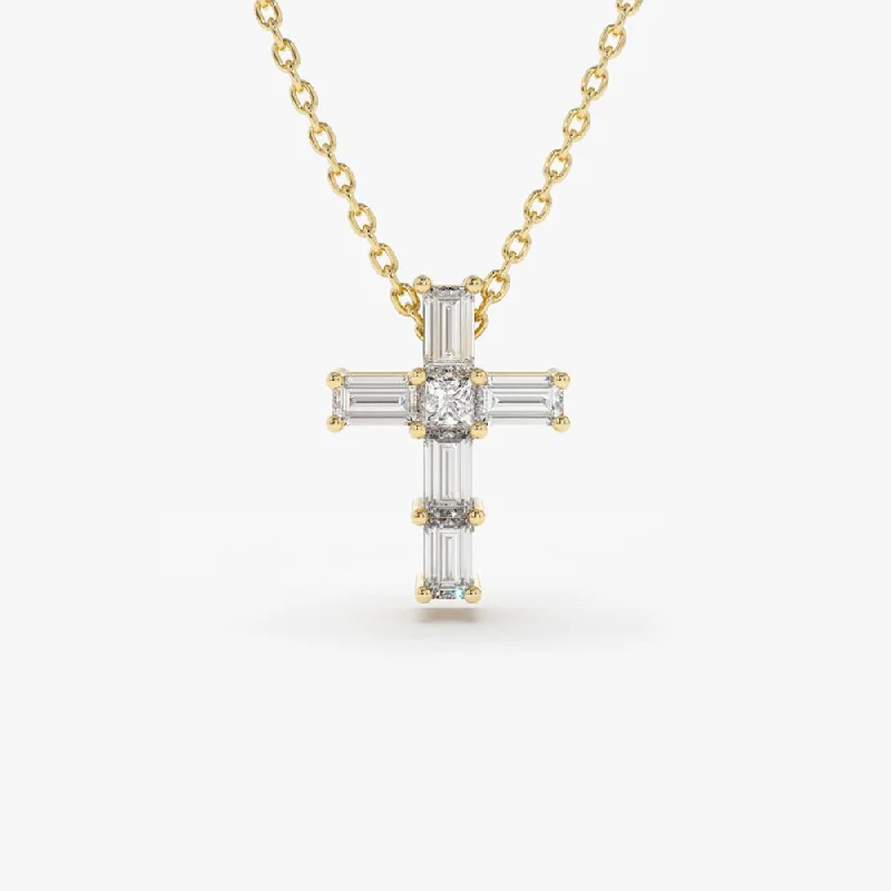 14K Gold Baguette Diamond Tiny Cross Necklace