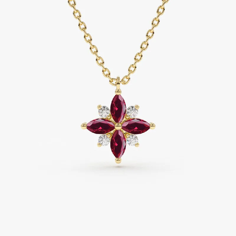 14K Floral Design Marquise Ruby and Diamond Pendant