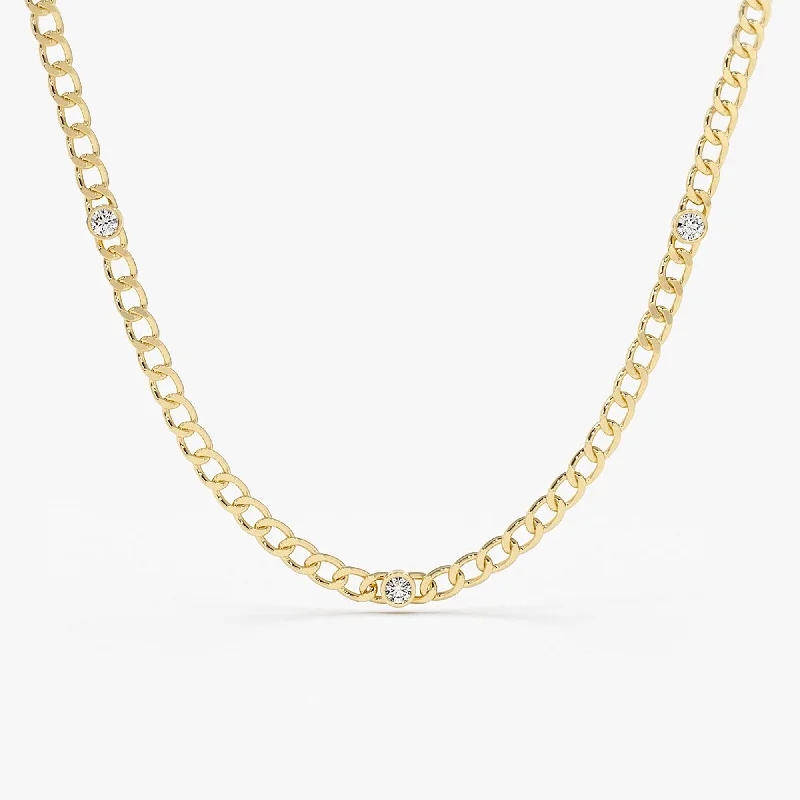 14K Gold Cuban Link Necklace w/ Bezel Setting Diamond