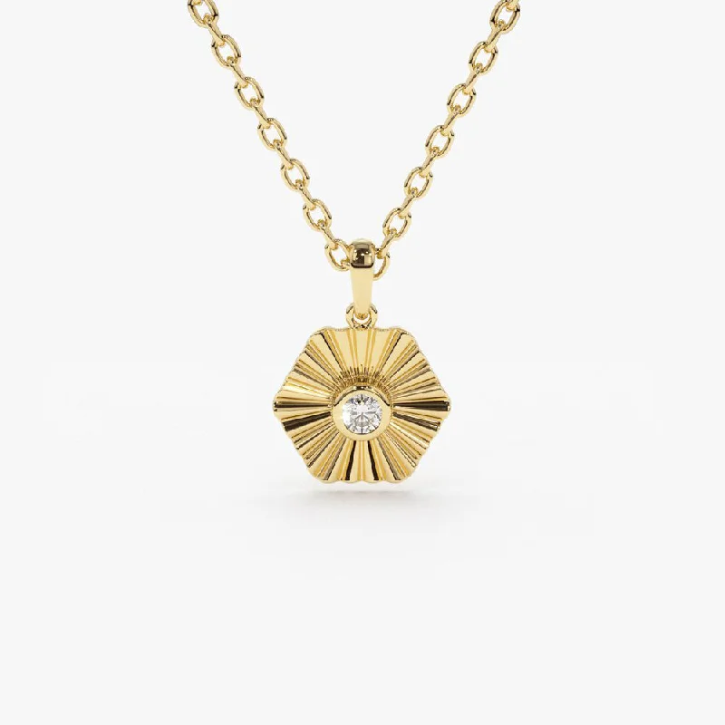 14K Gold Hexagon Diamond Disc Ray Necklace