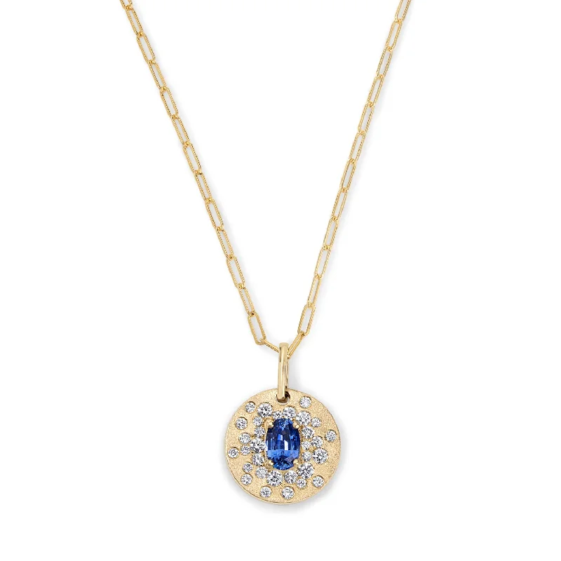 Blue Sapphire with Scattered Diamonds Disc Necklace