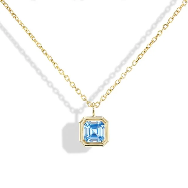 Double Bubble Bezel Charm Blue Topaz Asscher on Petite Legacy Chain