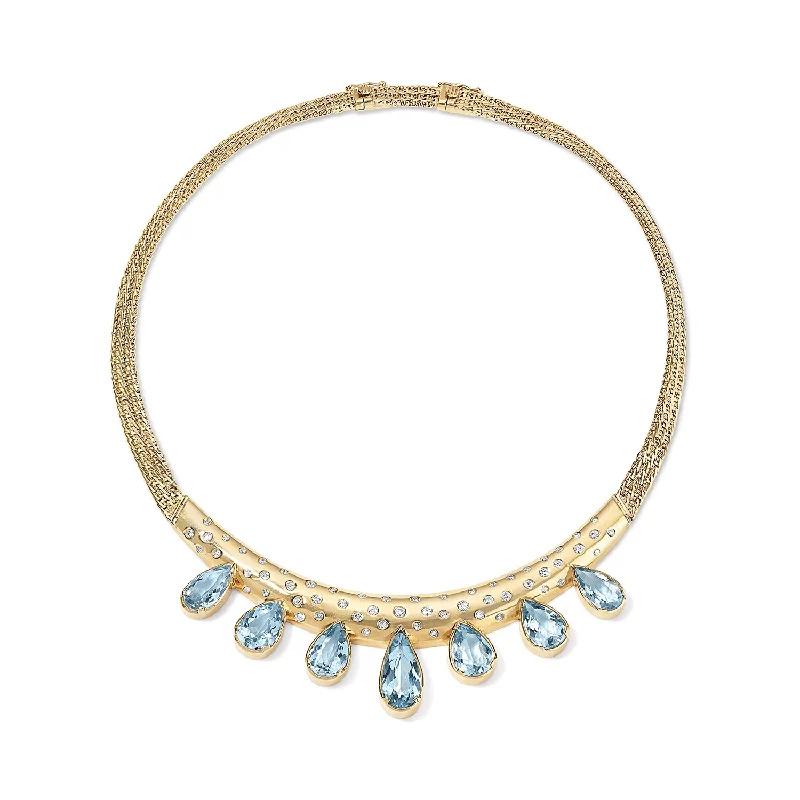 Gold Collar Necklace with Graduating Aquamarine Pears