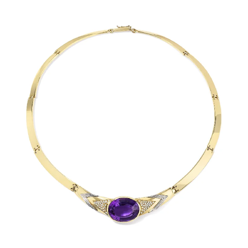 Gold Collar Necklace with Oval Amethyst and Pave Diamonds