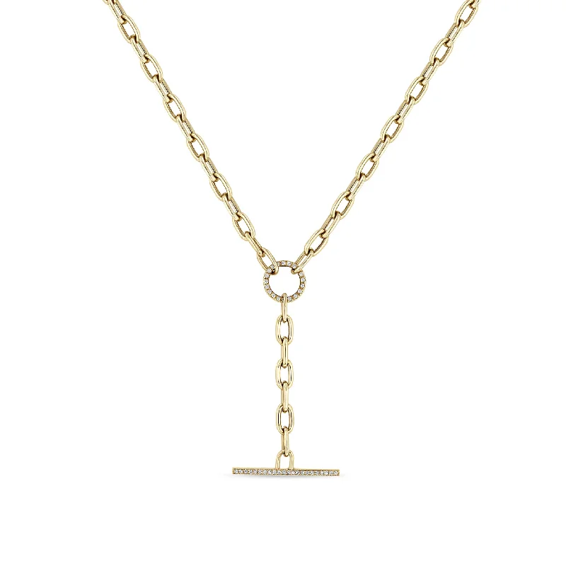 Gold Square Link Chain with Pave Toggle Necklace