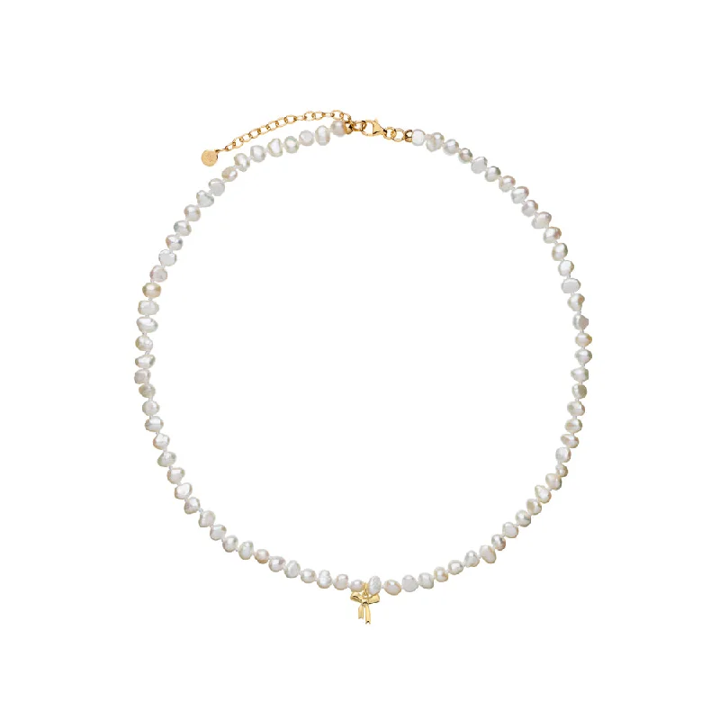 Karen Walker Petite Bow With Pearls Necklace - 9ct Yellow Gold