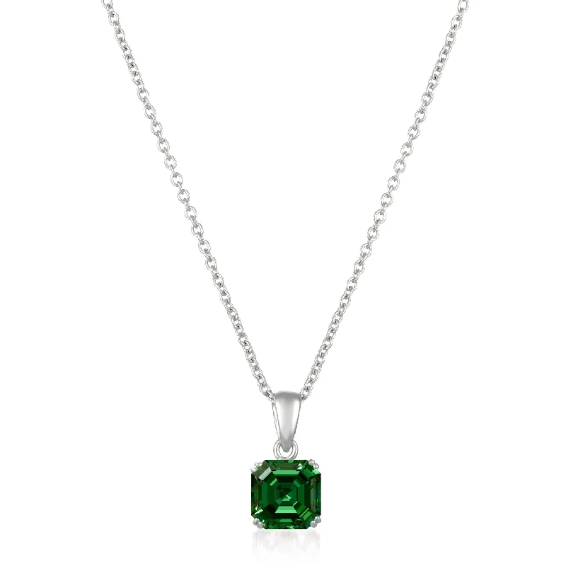 Royal Asscher Cut Pendant Necklace Emerald Color Stone Finished In Pure Platinum