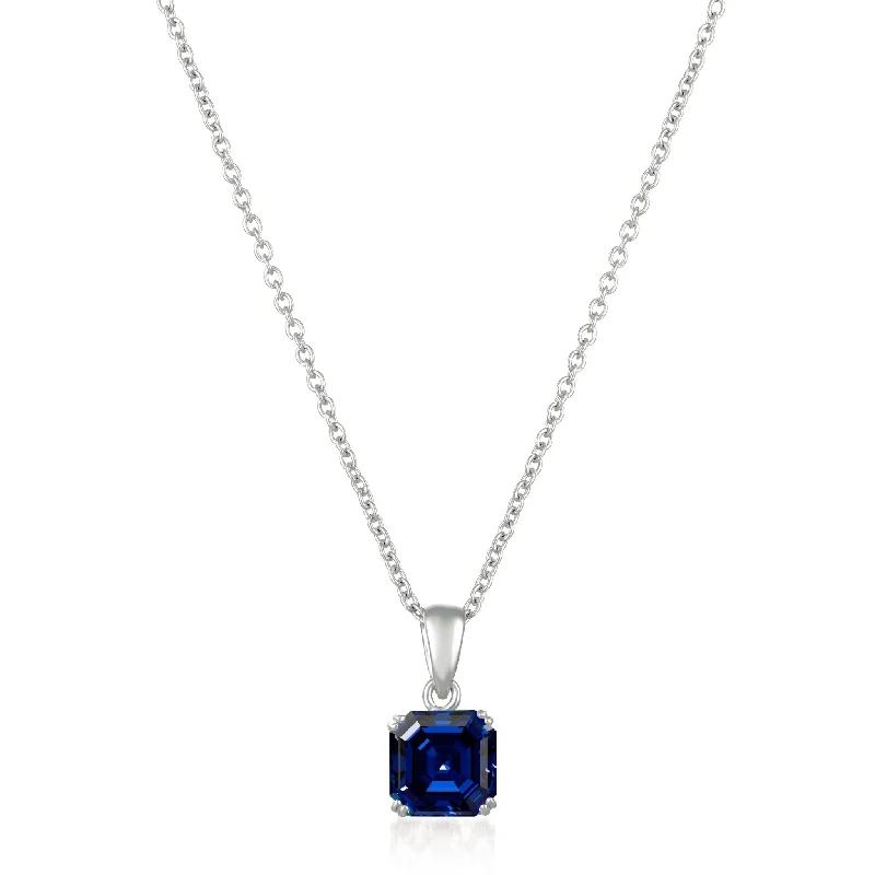 Royal Asscher Cut Pendant Necklace Sapphire Color Stone Finished In Pure Platinum