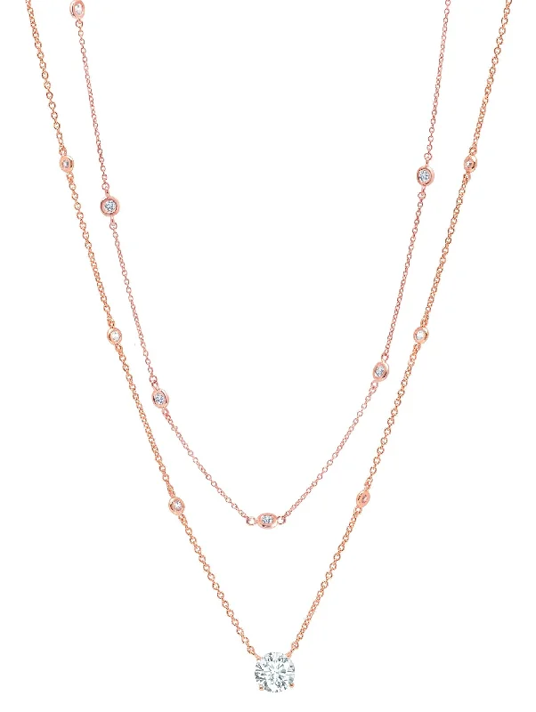 Solitaire Double Layered  Necklace Finished in 18kt Rose Gold